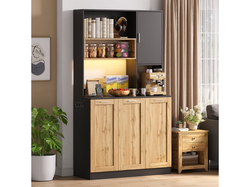  Buffet de cuisine haut avec étagères réglables, led et prises, pour cuisine et séjour, mdf naturel noir, 100×40×180 cm  - Conforama B
