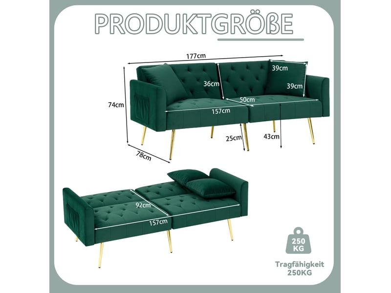  Canapé droit 2 places avec dossier réglable 3 positions et 2 coussins, pieds en métal, en velours vert  - Conforama D