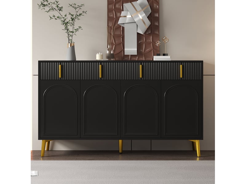 Buffet et enfilade noir avec 4 portes, 4 tiroirs et étagères réglables, détails dorés pour salon 140 × 38 × 82 cm - Conforama B