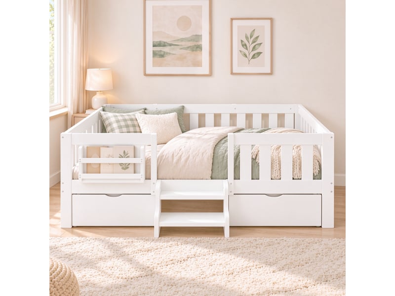 Lit enfant 140x200 cm – avec barrières de sécurité – avec 2 tiroirs – avec marches d'accès – blanc (matelas non inclus) - Conforama D