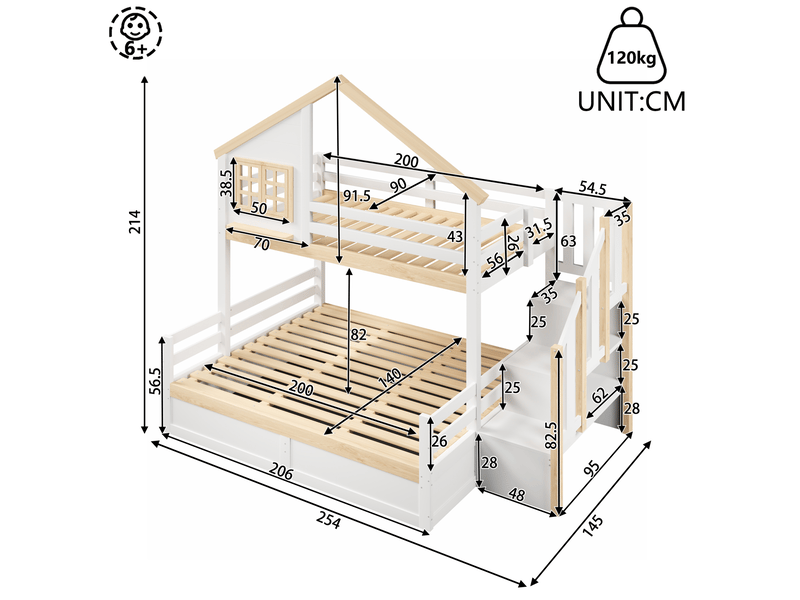  Lit superposé 90x200 et 140x200 cm avec rangement hydraulique, blanc et bois naturel  - Conforama E