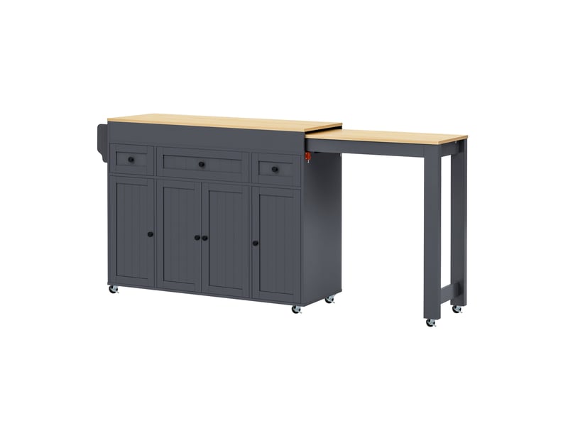 Îlot de cuisine extensible, table coulissante, 4 portes, 3 tiroirs, étagères réglables, roulettes verrouillables, gris - Conforama A