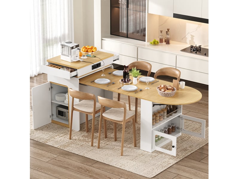  Îlot de cuisine extensible 55-194 x 80 x 95,5 cm – blanc – led, prises usb et rangements intégrés  - Conforama D