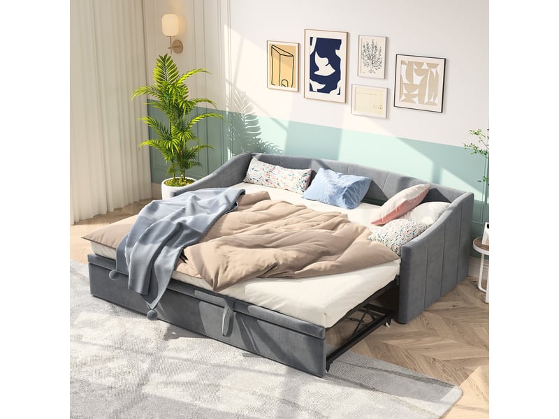  Lit de repos extensible, 90180 x 200 cm, canapé-lit, lit rembourré, lit en velours, canapé-lit pour 2 adultes, sans matelas, gris  - Conforama B
