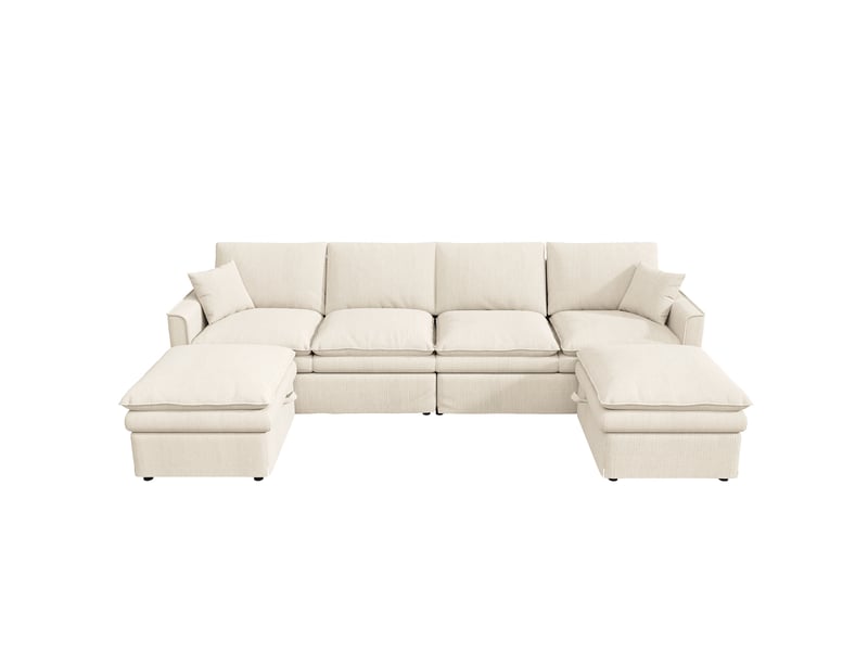  Canapé panoramique modulable 6 places en u ou l avec 2 poufs de rangement, ports usb et usb-c, coton-lin beige, 277 × 135 × 80 cm  - Conforama A