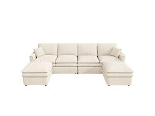 Canapé d'angle panoramique fixe <strong>HAUSS SPOLE</strong> <strong></strong> 6 places Coton / Lin beige avec coffre de rangement
