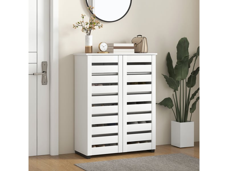  Étagère à chaussures à 5 niveaux avec 4 étagères réglables et portes à lattes, en bois, 76 x 33 x 98 cm, blanche  - Conforama B