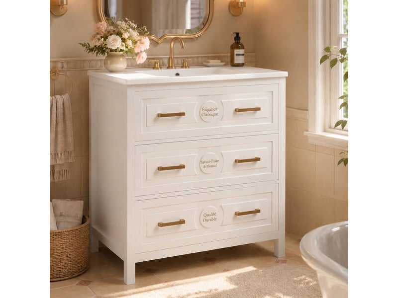 Meuble salle de bain sur pied blanc avec lavabo en céramique intégré 76,5x47x82 cm - Conforama C
