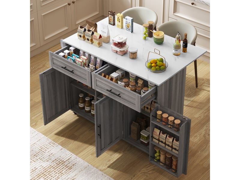  Buffet roulant extensible 129 cm - plateau marbre blanc, rangements, roulettes et pieds amovibles  - Conforama B