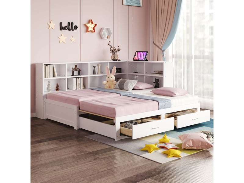  Lit gigogne avec rangement 90180x190cm - 2 tiroirs, multiples étagères et prises - lit gigogne - bois massif, extensible, blanc  - Conforama A