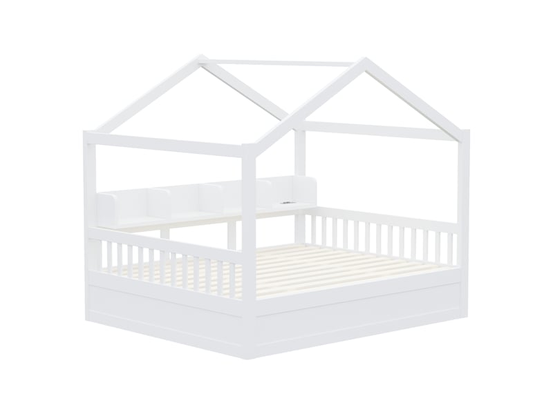 Lit cabane enfant 140 x 200 cm avec coffre hydraulique, rangements, barrière de sécurité, led et prises, en bois blanc - Conforama D