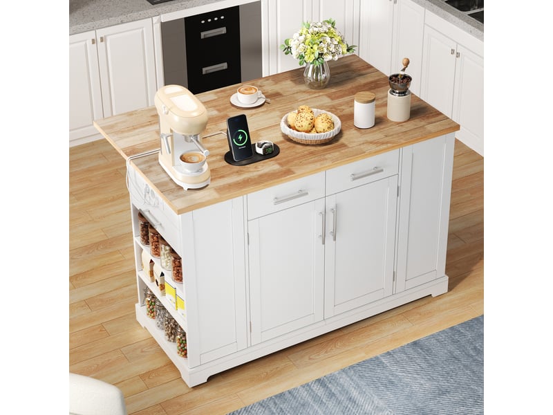 Desserte de cuisine à roulettes avec plan rabattable, prise et espace poubelle coulissant, 138×86×92 cm, blanc naturel - Conforama C