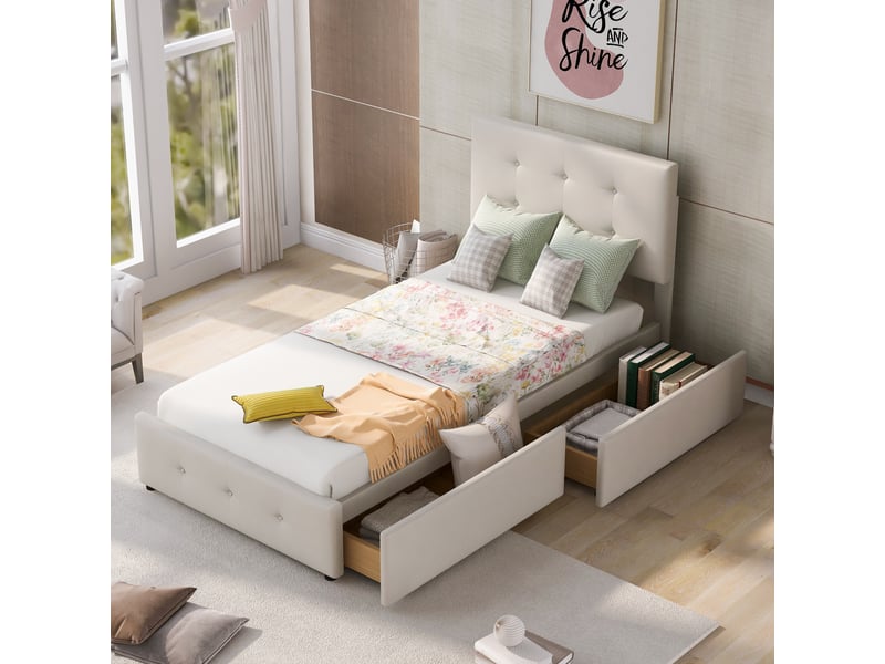  Lit simple 90x200 cm,tête de lit réglable,2 tiroirs à roulettes,revêtement velours beige clair,sommier à lattes pour chambre enfant  - Conforama B