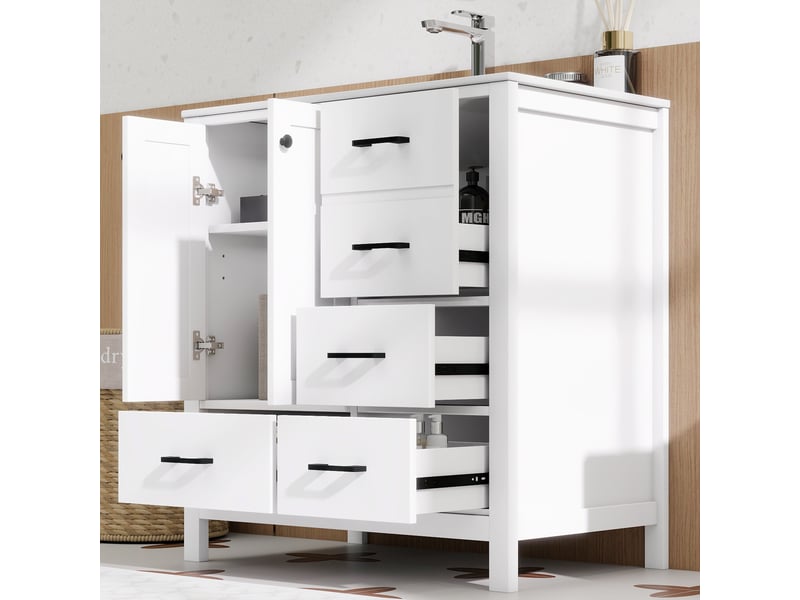  Meuble sous vasque 2 portes, 4 tiroirs, 3 étagères réglables, vasque en céramique pour salle de bain, 76×46×82 cm  - Conforama B