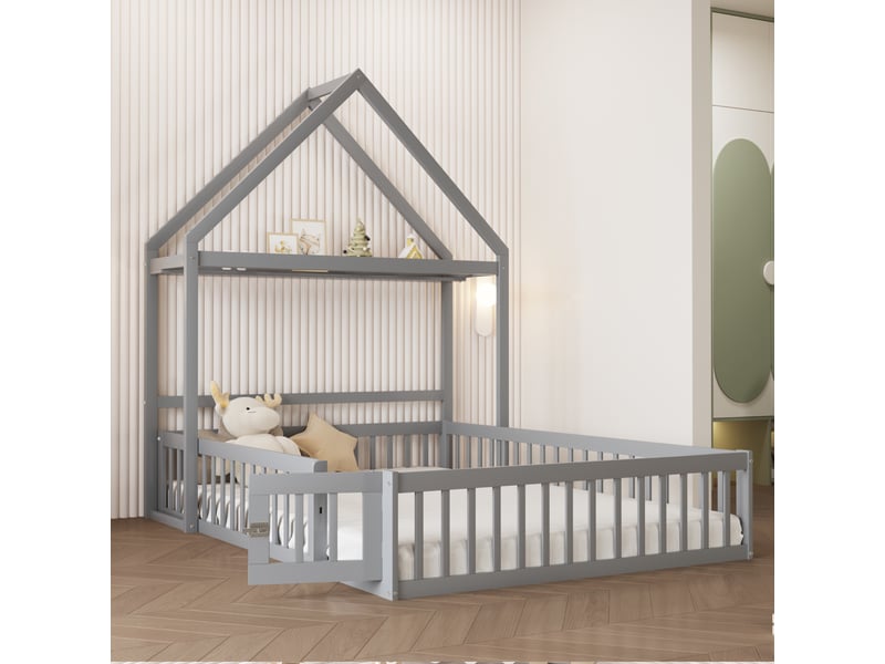  Lit double 140 x 200 cm avec barrières de sécurité et portes, cadre de lit enfant en bois massif, lit 2 personnes, gris  - Conforama D