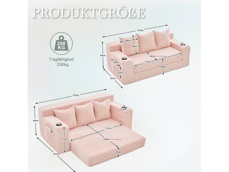  Canapé modulaire modenvie 3 places 172 x 87 x 64 cm rose en velours côtelé avec rangements  - Conforama C