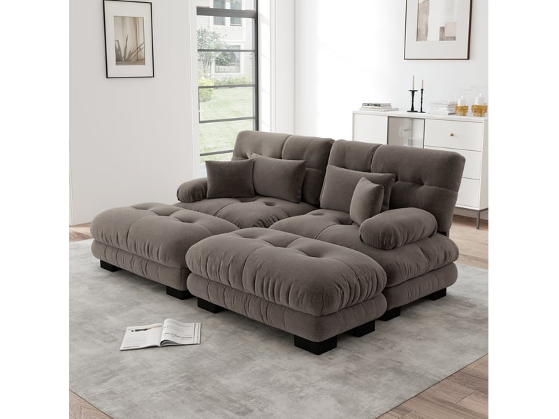 Canapé modulable 2 places cloud en chenille marron avec 2 ottomans - Conforama D