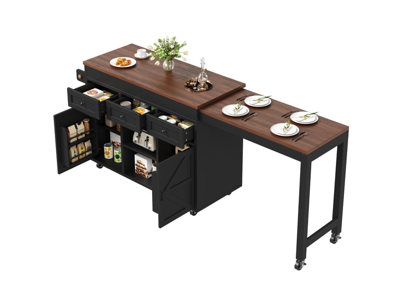  Îlot de cuisine table bar 131-210cm - pivotant 360° - tiroirs - placards - noir Bubbly Shop - Conforama A