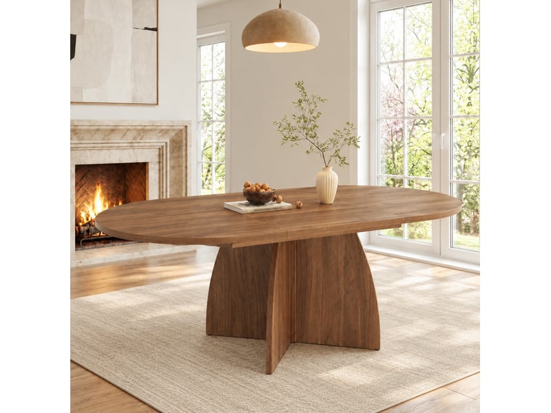  Table de salle à manger extensible pour 4 à 8 personnes, angles arrondis, style moderne, en mdf, coloris noyer  - Conforama B