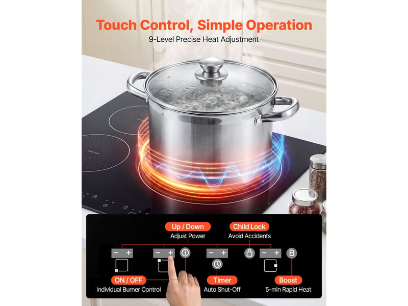 Vevor plaque à induction 3 foyers 59 cm encastrable 6200 w (boost 7200 w), 9 niveaux, écran tactile led, surface vitrocéramique, sécurité enfants SK-63IHB3T2 - Conforama D