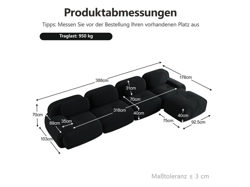  Canapé d'angle modulaire 4 places 388x178x70 cm, prêt à utiliser, avec chaise longue, finition noir  - Conforama C