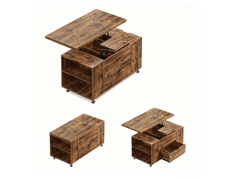 Table basse relevable à roulettes verrouillables - lpospi - plateau rabattable, rangement, bois et métal marron rustique - Conforama A