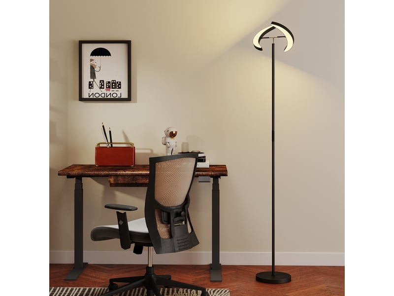  Lampadaire à intensité variable 2700k-6000k avec télécommande et double tête rotative à 350°, noir  - Conforama D