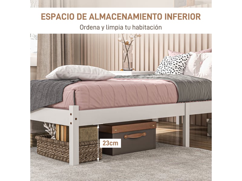  Lit simple bois 90x190 avec tête de lit, cadre de lit blanc en pin 198x96x70 cm  - Conforama R