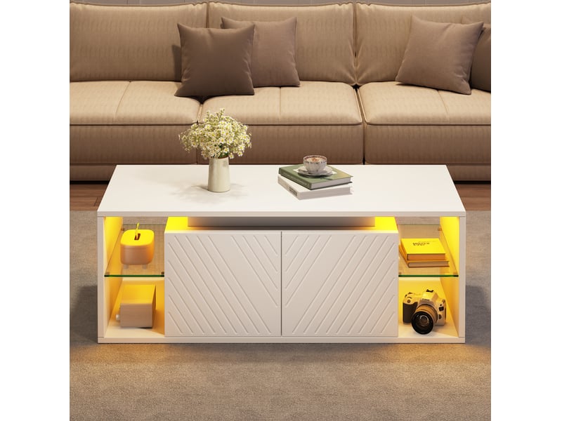  Table basse led avec 2 portes et niches semi-ouvertes, en panneau de particules blanc, pour salon, 100 × 50 × 41 cm  - Conforama C