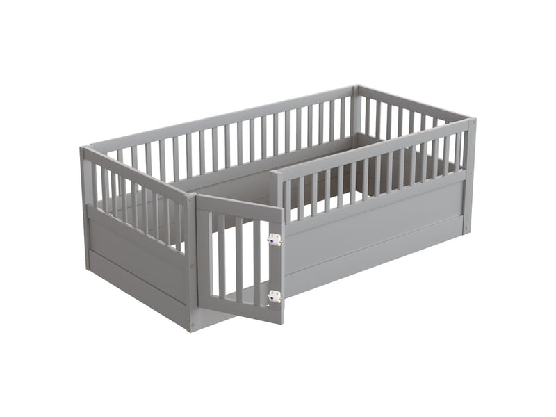 Lit enfant 90 x 200 cm - cadre de lit en bois - avec barrières de sécurité - avec porte - gris (sommier à lattes non inclus) - Conforama R