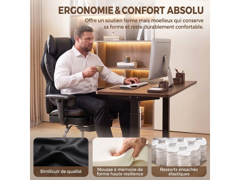  Fauteuil de bureau similicuir noir inclinable avec repose-pieds, chaise de bureau jusqu'à 180 kg, 80x67x130 cm  - Conforama E