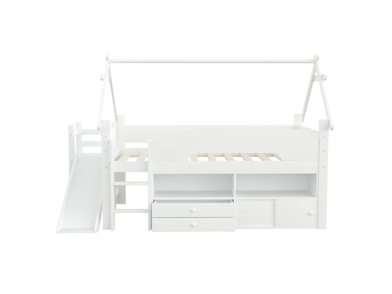 Lit enfant moderne 90 x 200 lit simple avec toit toboggan intégré rangements espace jeu sécurité bois blanc sans matelas - Conforama E