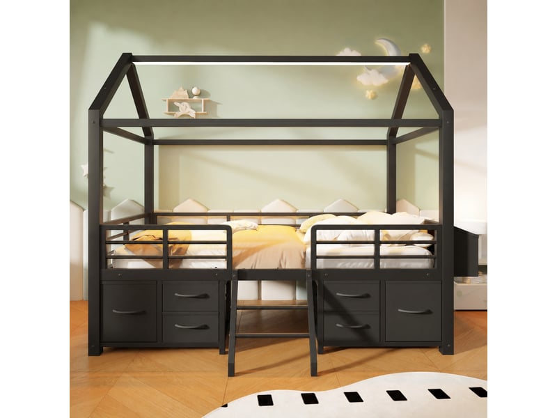  Lit mezzanine enfant 90 x 200 cm avec toit cabane, structure en métal noir et éclairage led, sans matelas  - Conforama D