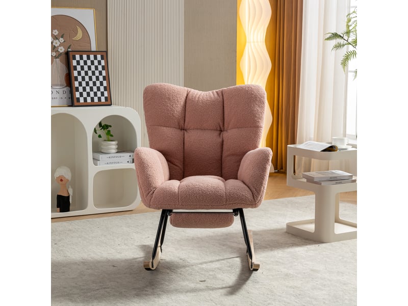  Rocking chair avec repose-pieds, fauteuil à bascule rose en tissu bouclette pour salon et allaitement  - Conforama B