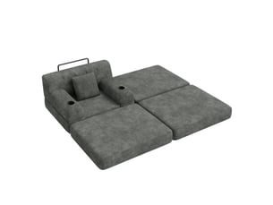 Fauteuil convertible 1 place avec pouf, 4 poches et 2 porte-gobelets en velours côtelé gris foncé
