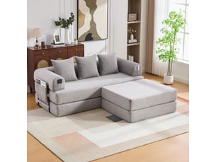 Canapé d'angle convertible modulable en velours côtelé gris clair avec pouf et 3 coussins inclus