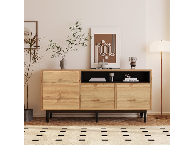  Buffet moderne en bois avec trois portes et étagères, 160 x 35 x 76 cm, design peu encombrant  - Conforama C
