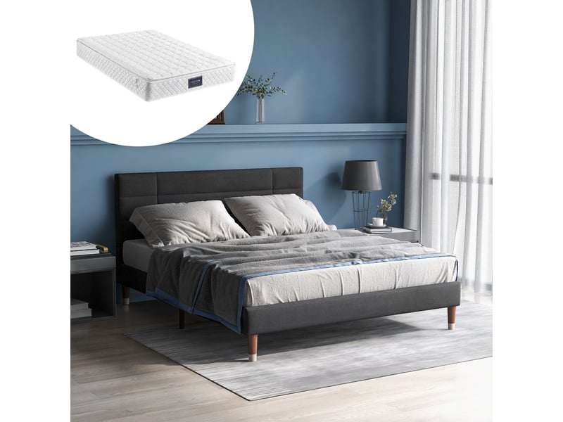 Lit adulte 140x200 cm, lit double avec tête de lit et sommier, lin gris, inclus matelas - Conforama W