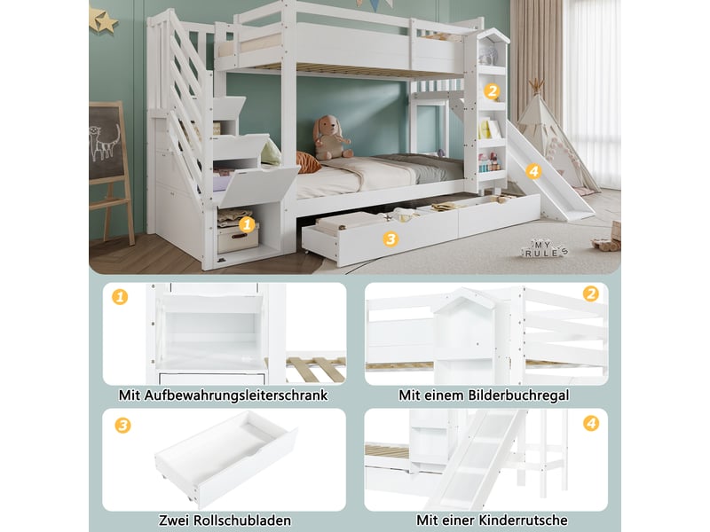  Lit étagé enfant 90x200cm blanc, structure pin mdf contreplaqué, toboggan, tiroirs et bibliothèque  - Conforama D