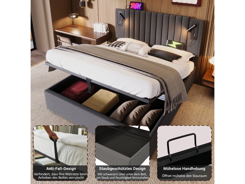  Lit coffre rembourré 180x200 cm, tête de lit réglable cloutée, liseuse, 2 usb-c, rangement hydraulique, tissu coton-lin - gris  - Conforama C