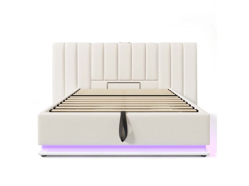  Lit coffre 160x200cm, lit double avec led, tête de lit et sommier, rangement, charge, pu blanc, sans matelas  - Conforama A