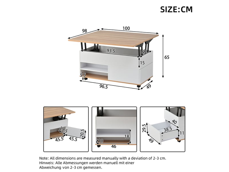 Table basse relevable 100 x 98 x 65 cm blanc et couleur bois naturel  - Conforama E
