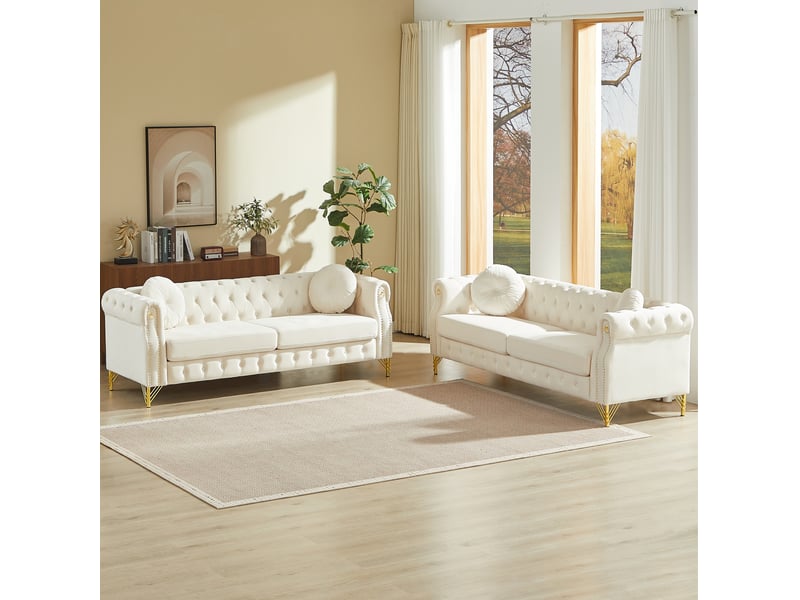  Canapé 3+3 places en velours beige avec pieds en métal doré  - Conforama E