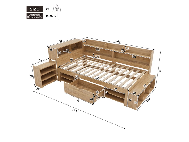  Lit enfant avec rangement 90 x 200 cm naturel avec sommier à lattes  - Conforama E