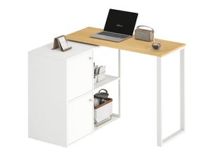 Bureau d'angle pivotant à 360° en forme de l, avec 2 placards de rangement et 2 étagères ouvertes. Idéal pour les petits espaces, 150 x 40 x 75 cm