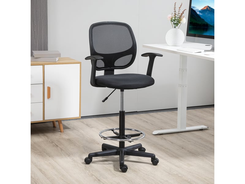  Chaise de bureau ergonomique noire avec repose-pieds dossier en maille hauteur réglable dimensions 60x56x110-132 cm  - Conforama B