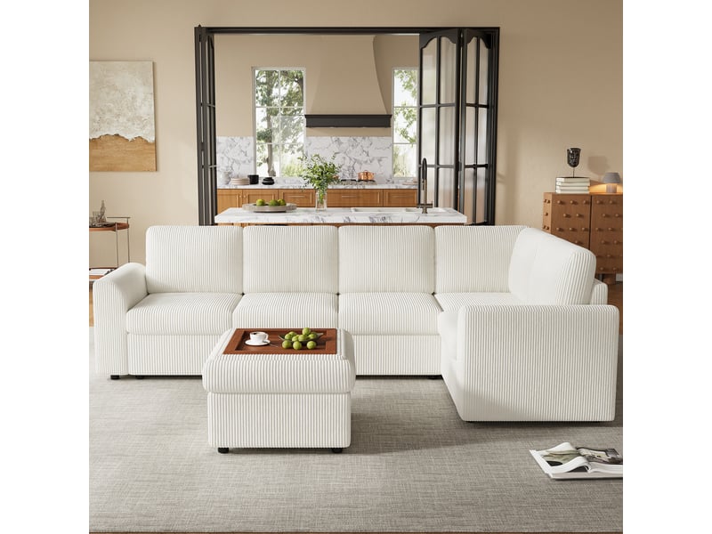  Canapé d'angle convertible 6 places en velours côtelé beige, avec pouf à rangement, 282×153×85 cm, mousse haute densité  - Conforama R