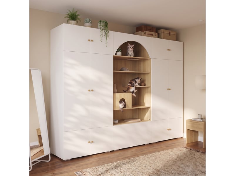 Armoire 270 x 50 x 200 cm avec 1 tringle, mur d’escalade pour coussin, pour chambre, salon et couloir, blanc et bois - Conforama E