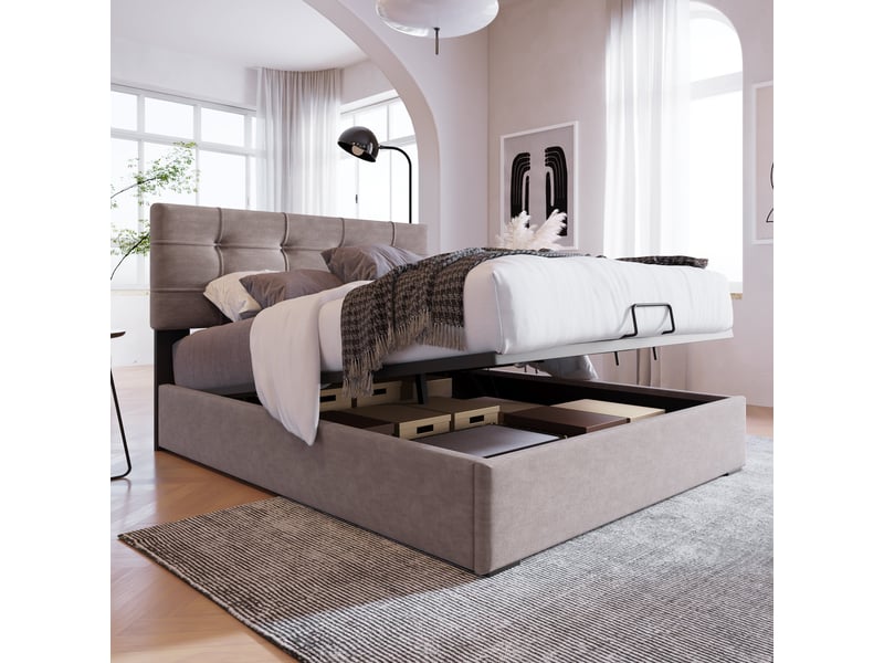  Lit coffre 90x200 en velours gris clair avec rangement hydraulique et sommier à lattes métallique  - Conforama B