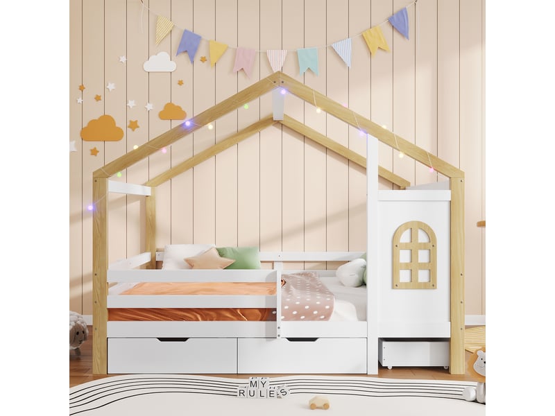 Lit pour enfant en forme de maison 120 x 200 cm - avec 3 tiroirs - garde-corps de sécurité - guirlande lumineuse à disposition libre - blanc + naturel - Conforama D